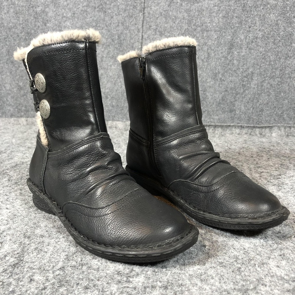 Tara M Boots Womens Size 7.5 Black Leather Ankle Faux Fur Lined Wedge Winter
